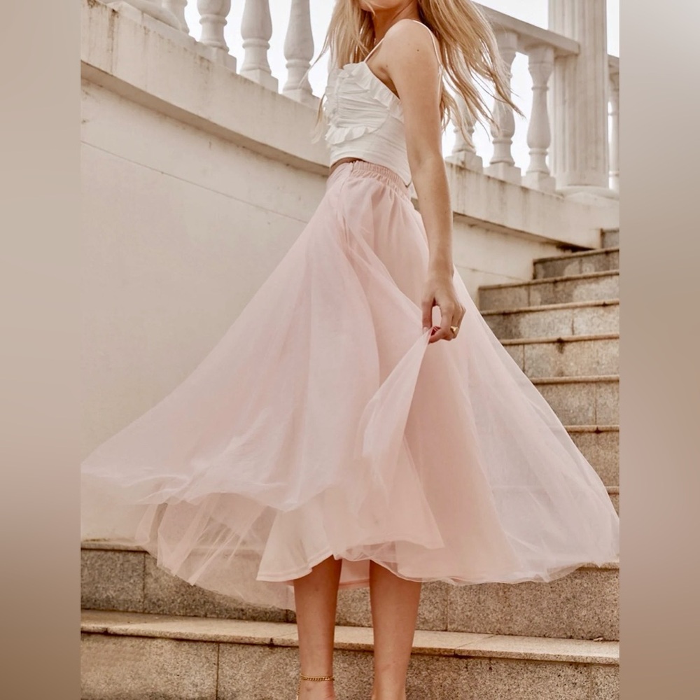 Selfie Leslie Blush Pink Tulle Midi Skirt - Picture 4 of 9